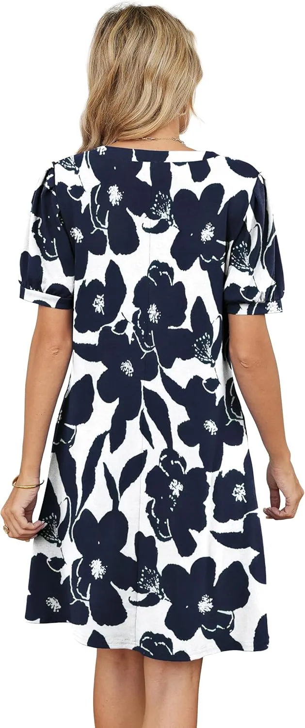 V-Neck Summer Casual Sundress for Women- Puff Short Sleeve Swing Beach Dress with Pockets