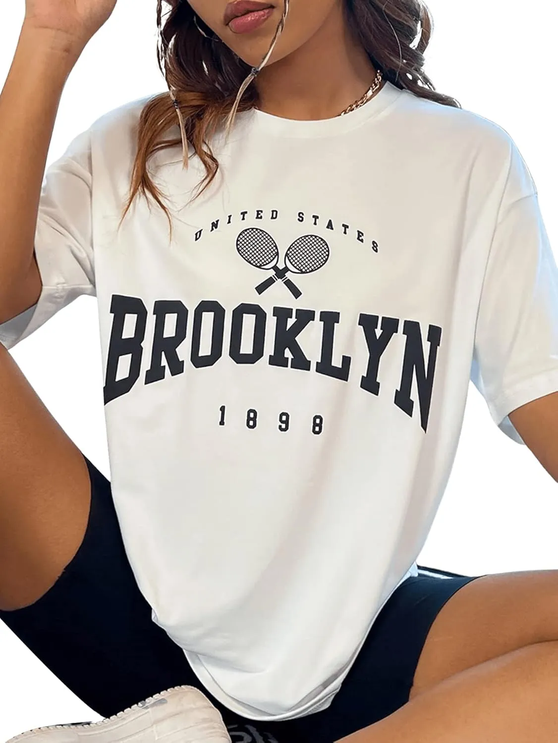 Verdusa Women's Casual Crewneck Short Sleeve Letter Graphic Drop Shoulder Oversized Tee T Shirt