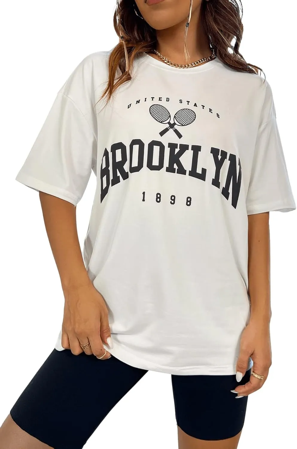 Verdusa Women's Casual Crewneck Short Sleeve Letter Graphic Drop Shoulder Oversized Tee T Shirt