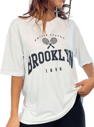 Verdusa Women's Casual Crewneck Short Sleeve Letter Graphic Drop Shoulder Oversized Tee T Shirt