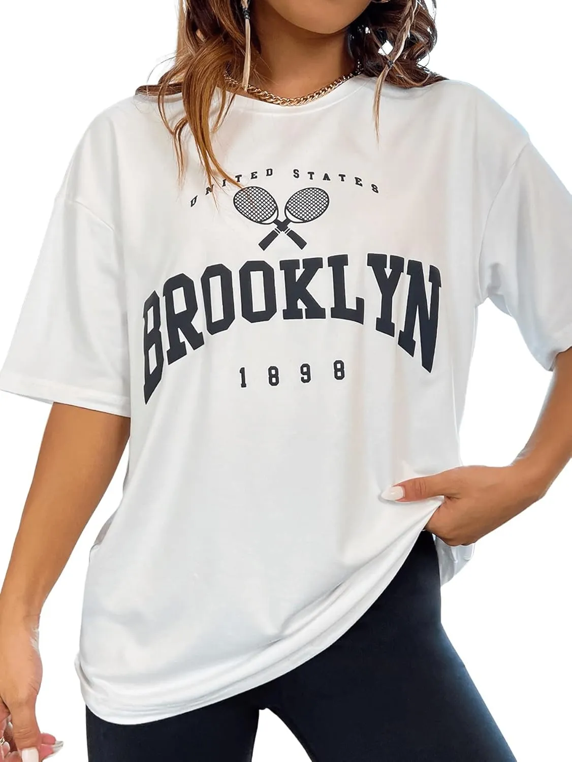 Verdusa Women's Casual Crewneck Short Sleeve Letter Graphic Drop Shoulder Oversized Tee T Shirt