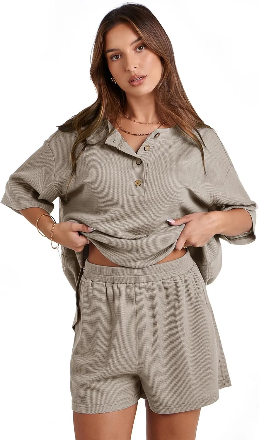 Waffle Knit Lounge Set Shorts Sets Women 2 Piece Outfits Matching Sets Casual Pajama Sets