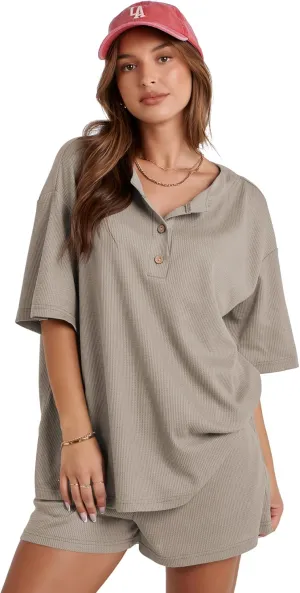 Waffle Knit Lounge Set Shorts Sets Women 2 Piece Outfits Matching Sets Casual Pajama Sets