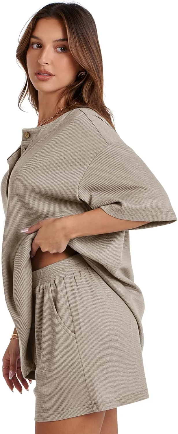 Waffle Knit Lounge Set Shorts Sets Women 2 Piece Outfits Matching Sets Casual Pajama Sets