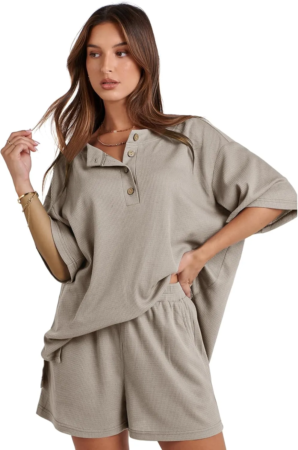 Waffle Knit Lounge Set Shorts Sets Women 2 Piece Outfits Matching Sets Casual Pajama Sets