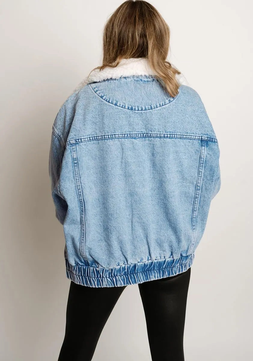 Warm Sherpa Lined Jean Jacket Faux Fur Turn Down Collar Denim Coat Trucker Jacket for Women Trendy