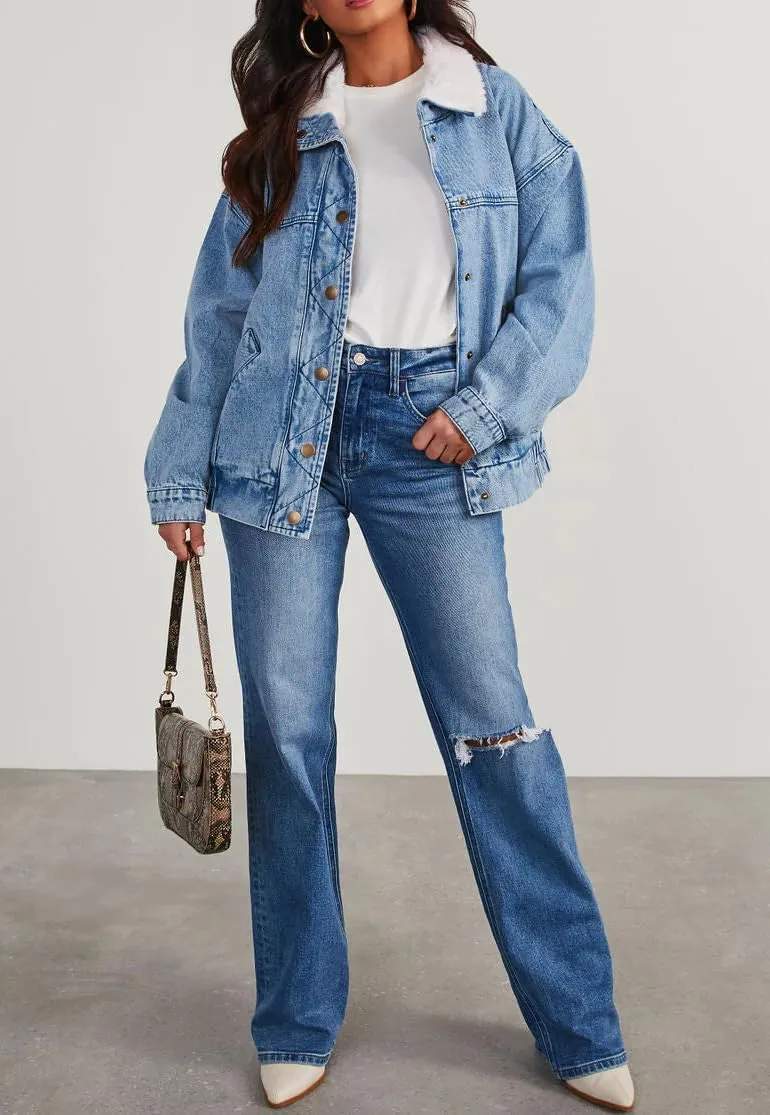 Warm Sherpa Lined Jean Jacket Faux Fur Turn Down Collar Denim Coat Trucker Jacket for Women Trendy