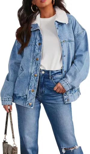 Warm Sherpa Lined Jean Jacket Faux Fur Turn Down Collar Denim Coat Trucker Jacket for Women Trendy