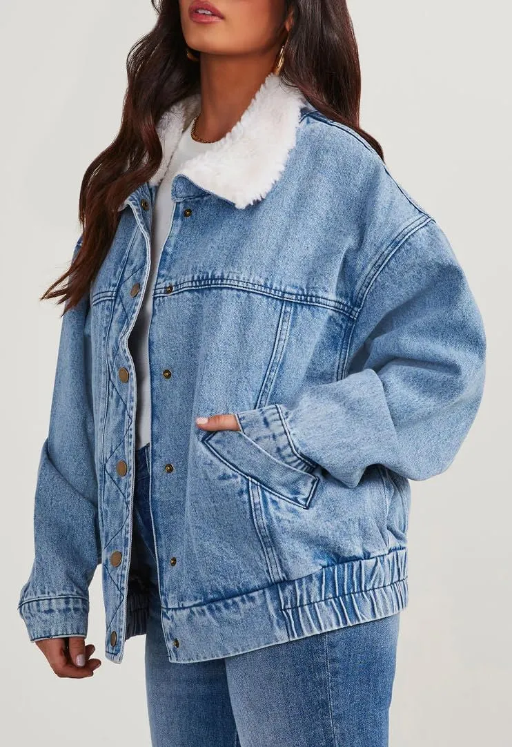 Warm Sherpa Lined Jean Jacket Faux Fur Turn Down Collar Denim Coat Trucker Jacket for Women Trendy