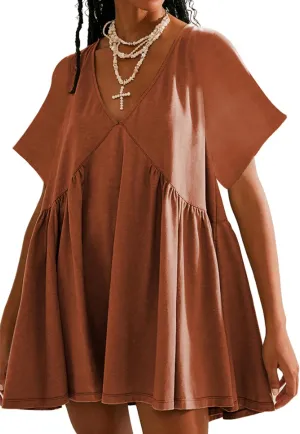 Watashi Women's Summer Short Sleeve Mini Dress V-Neck Casual Loose Pleated Dress Doll Neck Short Dress with Pockets