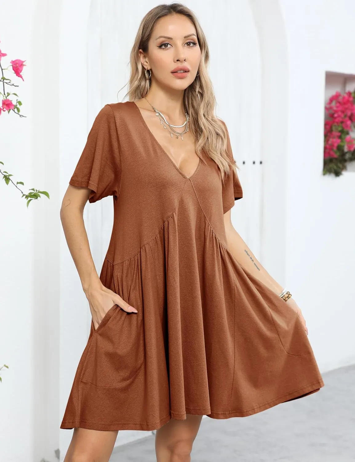 Watashi Women's Summer Short Sleeve Mini Dress V-Neck Casual Loose Pleated Dress Doll Neck Short Dress with Pockets