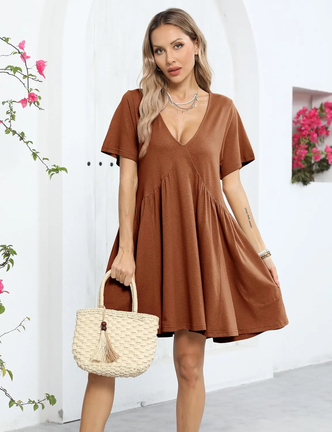 Watashi Women's Summer Short Sleeve Mini Dress V-Neck Casual Loose Pleated Dress Doll Neck Short Dress with Pockets