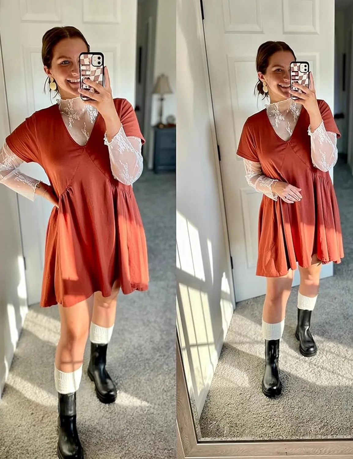Watashi Women's Summer Short Sleeve Mini Dress V-Neck Casual Loose Pleated Dress Doll Neck Short Dress with Pockets