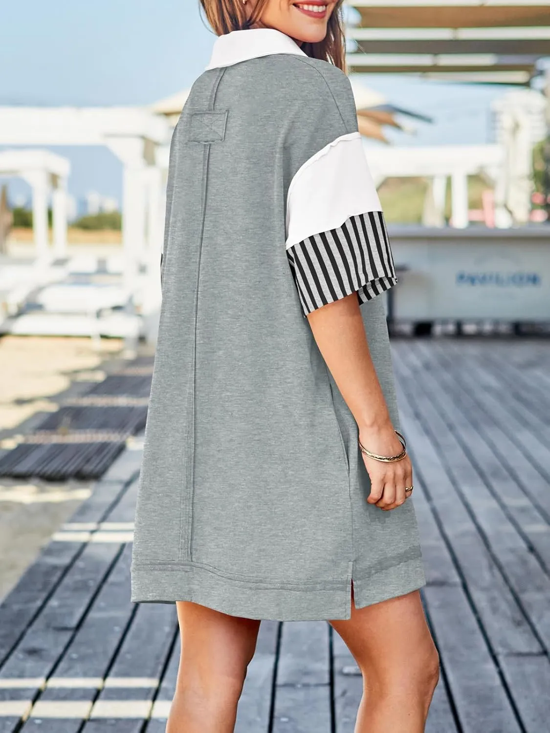 Wenrine Women's Polo V Neck T Shirt Dress Casual Summer Oversized Color Block Short Sleeve Sweatshirt Mini Dresses