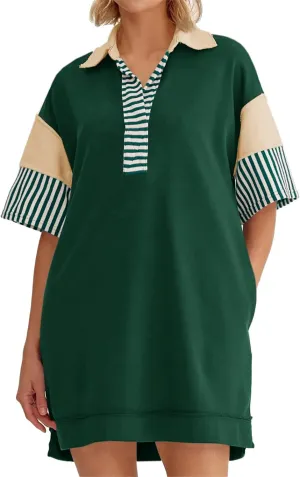 Wenrine Women's Polo V Neck T Shirt Dress Casual Summer Oversized Color Block Short Sleeve Sweatshirt Mini Dresses