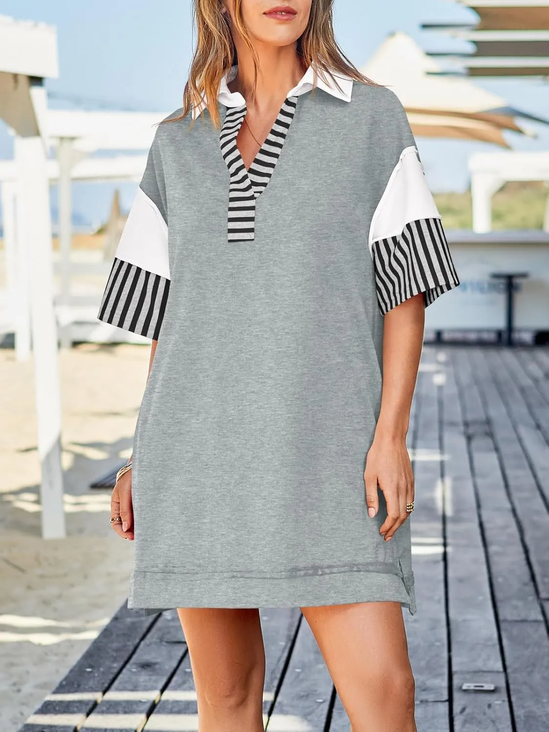 Wenrine Women's Polo V Neck T Shirt Dress Casual Summer Oversized Color Block Short Sleeve Sweatshirt Mini Dresses