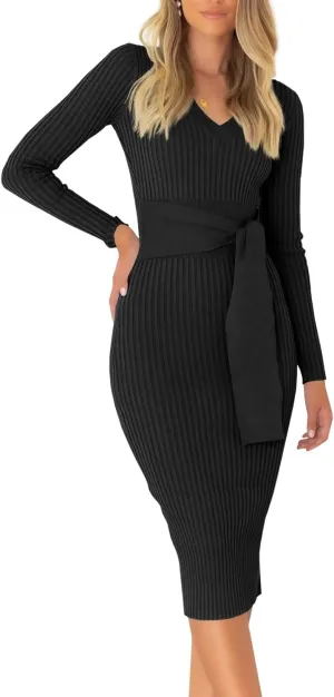 Wenrine Women's V Neck Knit Sweater Dress Fall Long Sleeve Tie Waist Ribbed Bodycon Midi Dress