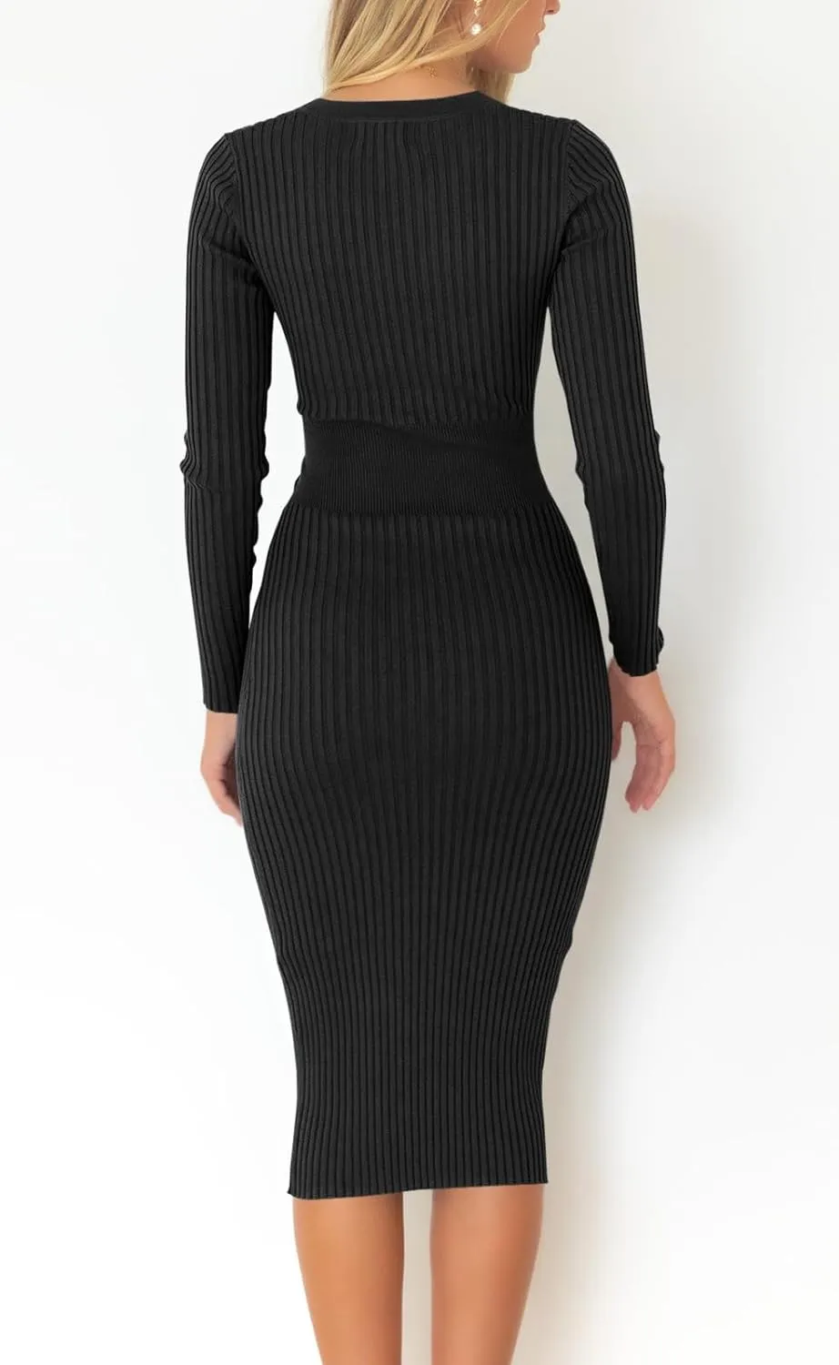 Wenrine Women's V Neck Knit Sweater Dress Fall Long Sleeve Tie Waist Ribbed Bodycon Midi Dress