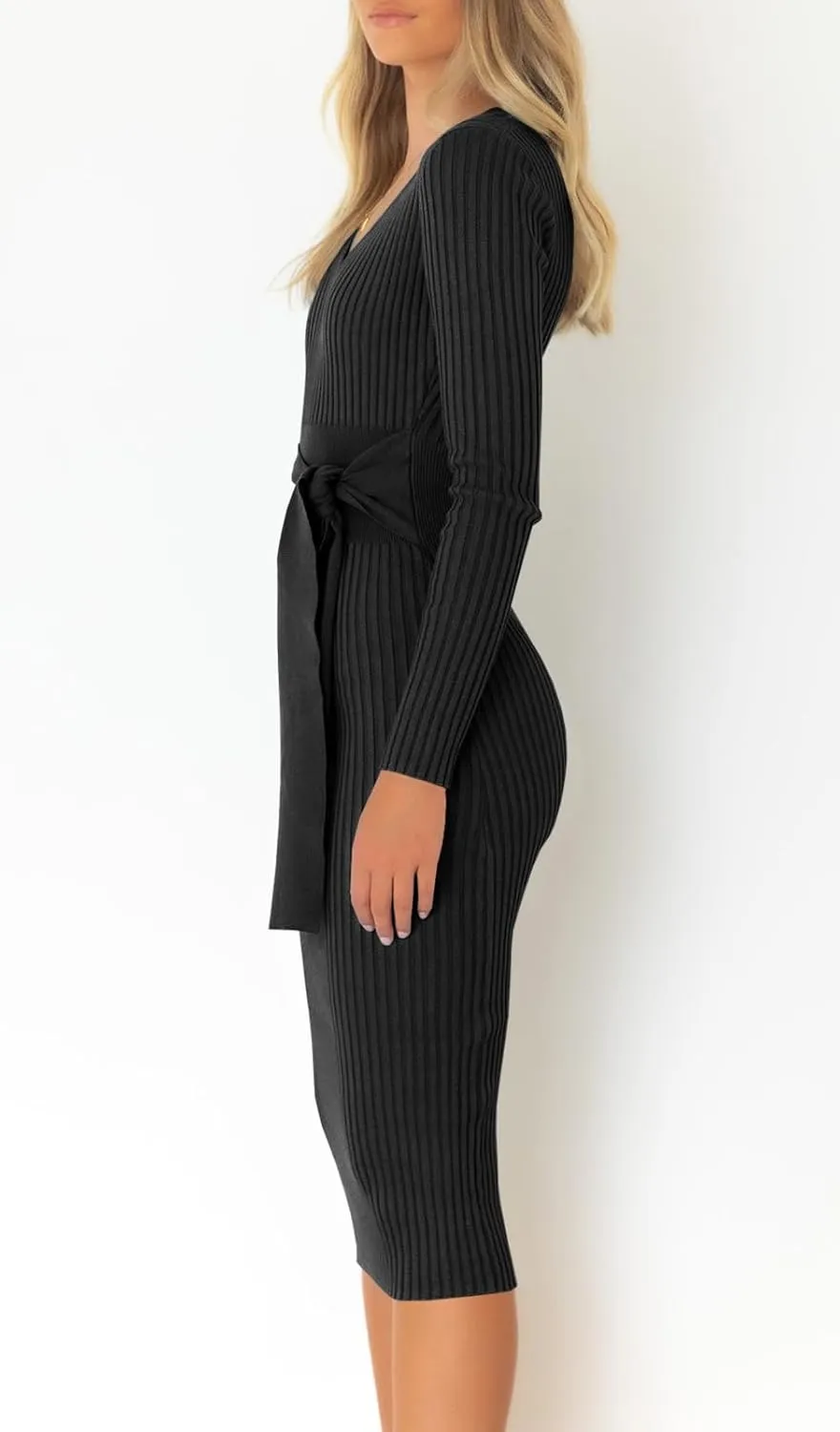 Wenrine Women's V Neck Knit Sweater Dress Fall Long Sleeve Tie Waist Ribbed Bodycon Midi Dress