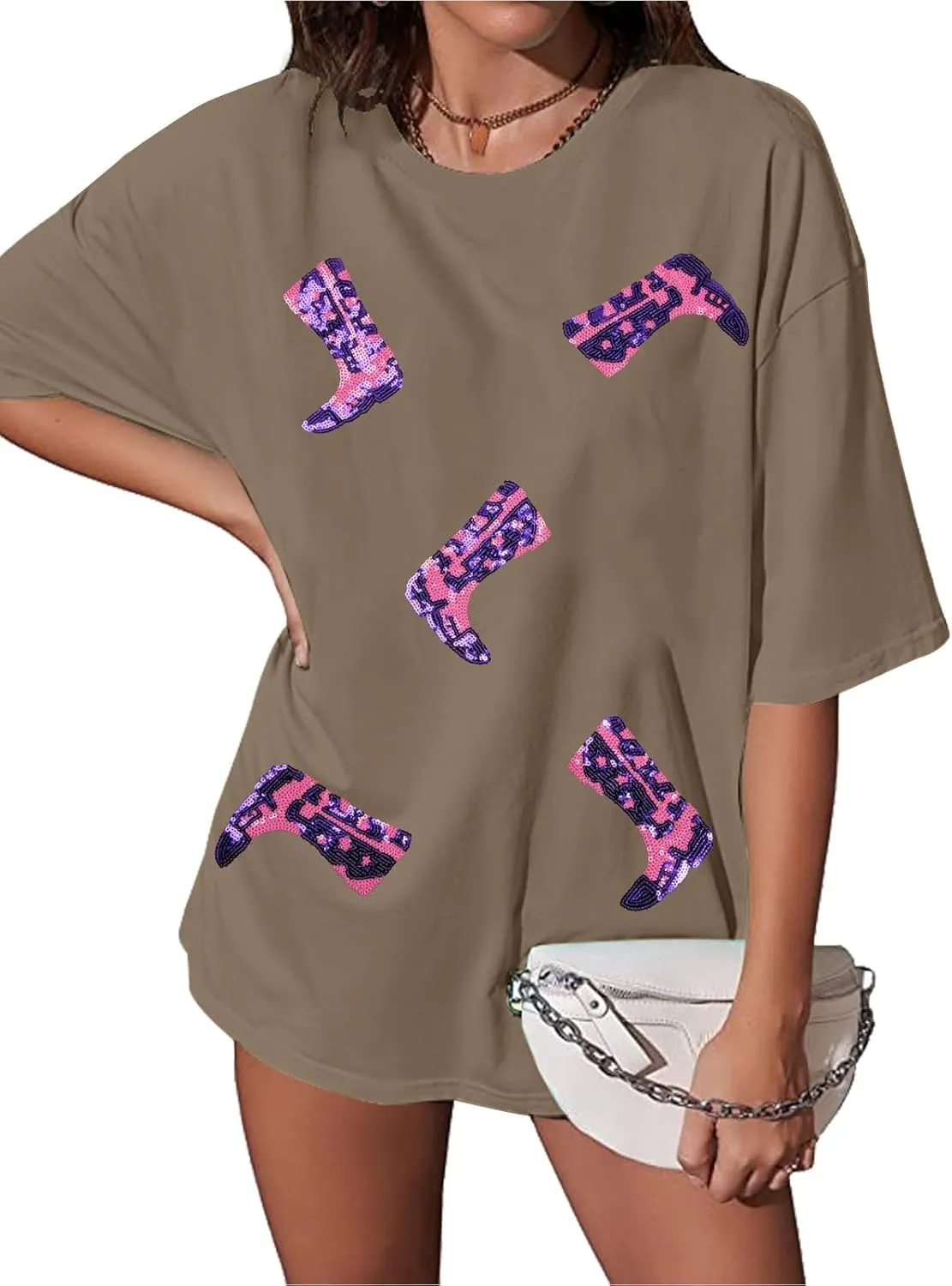 Western Oversized Shirts for Women Cowgirl Tshirts Country Music Short Sleeve Boots Sequin Graphic Tee Tops