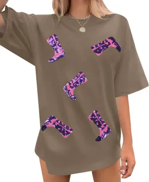 Western Oversized Shirts for Women Cowgirl Tshirts Country Music Short Sleeve Boots Sequin Graphic Tee Tops