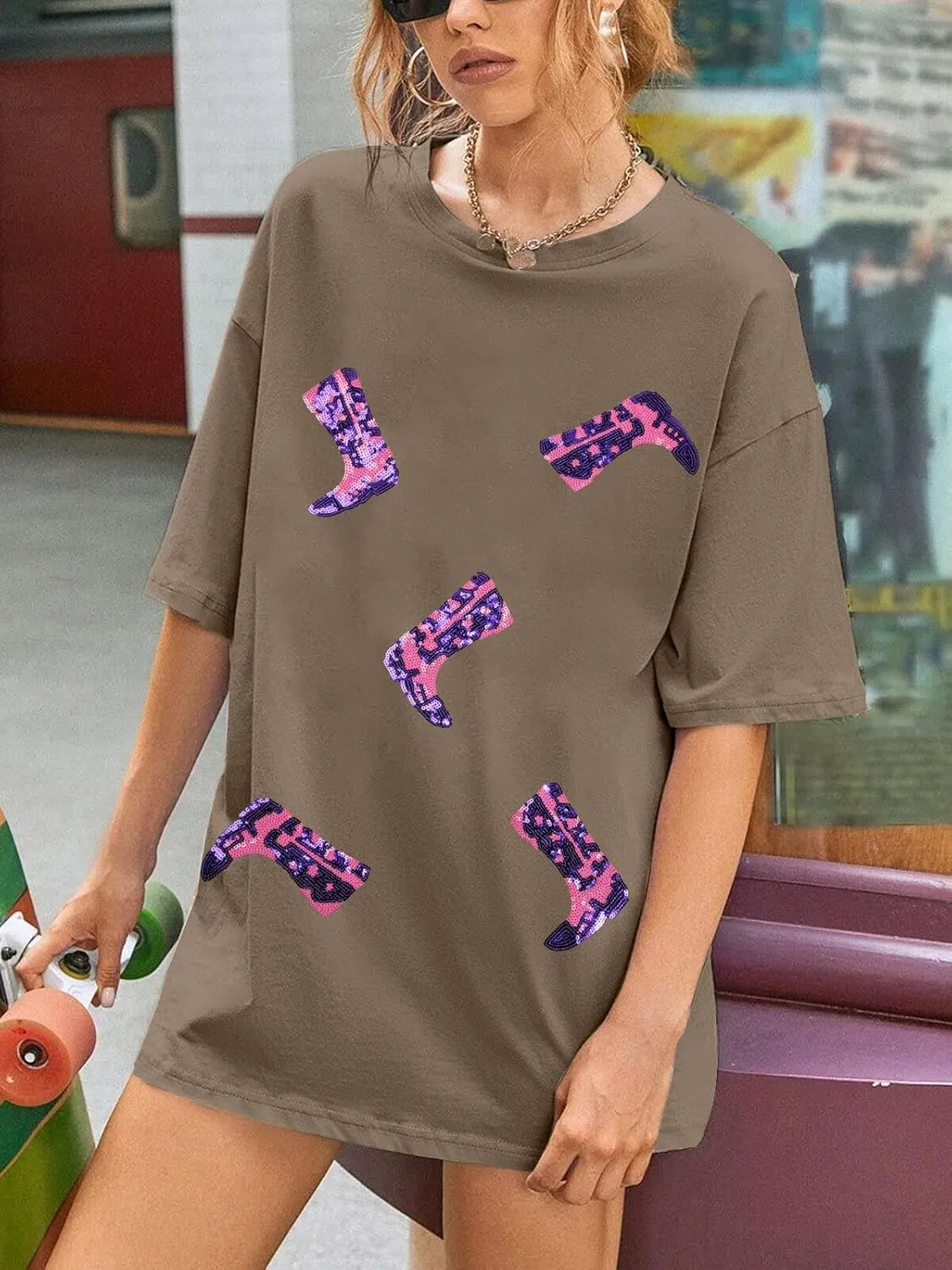 Western Oversized Shirts for Women Cowgirl Tshirts Country Music Short Sleeve Boots Sequin Graphic Tee Tops