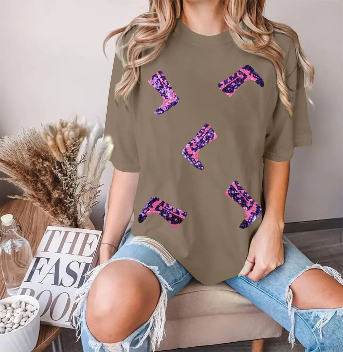 Western Oversized Shirts for Women Cowgirl Tshirts Country Music Short Sleeve Boots Sequin Graphic Tee Tops