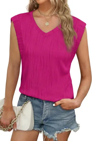 WIHOLL Dressy Tops for Women Sleeveless 2024 Fashion Casual Summer V Neck Loose Fit Textured Tank Tops Plain Basic Tee Blouses Clothes Hot Pink 2XL