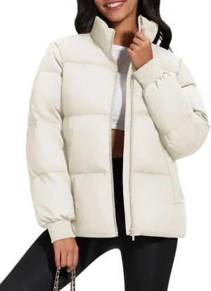 Winter Padded Puffer Down Coats Womens Warmth Stand Collar Full Zip-Up Jackets Lightweight Quilted Outwears