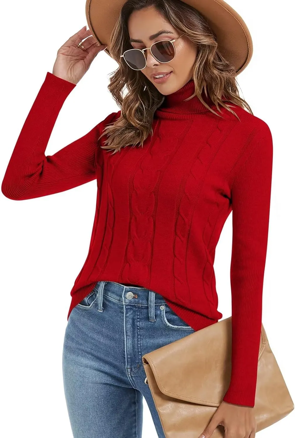 Wkior Women's Long Sleeve Turtleneck Cozy Knit Sweater Casual Loose Fashion Pullover Jumper Tops