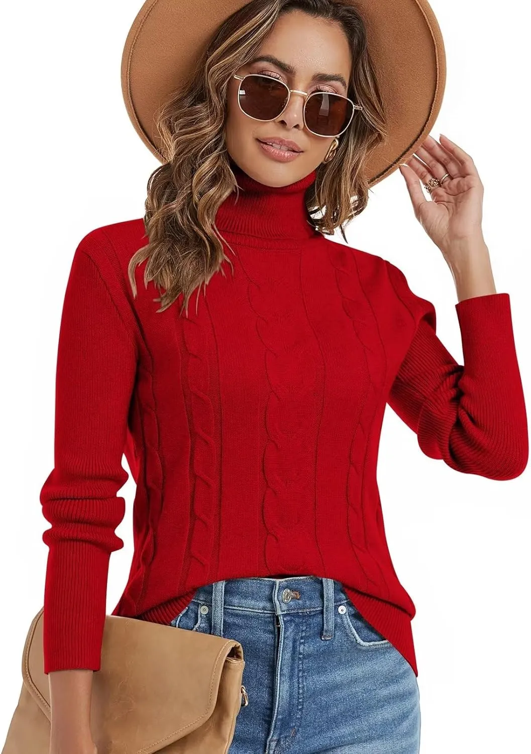Wkior Women's Long Sleeve Turtleneck Cozy Knit Sweater Casual Loose Fashion Pullover Jumper Tops