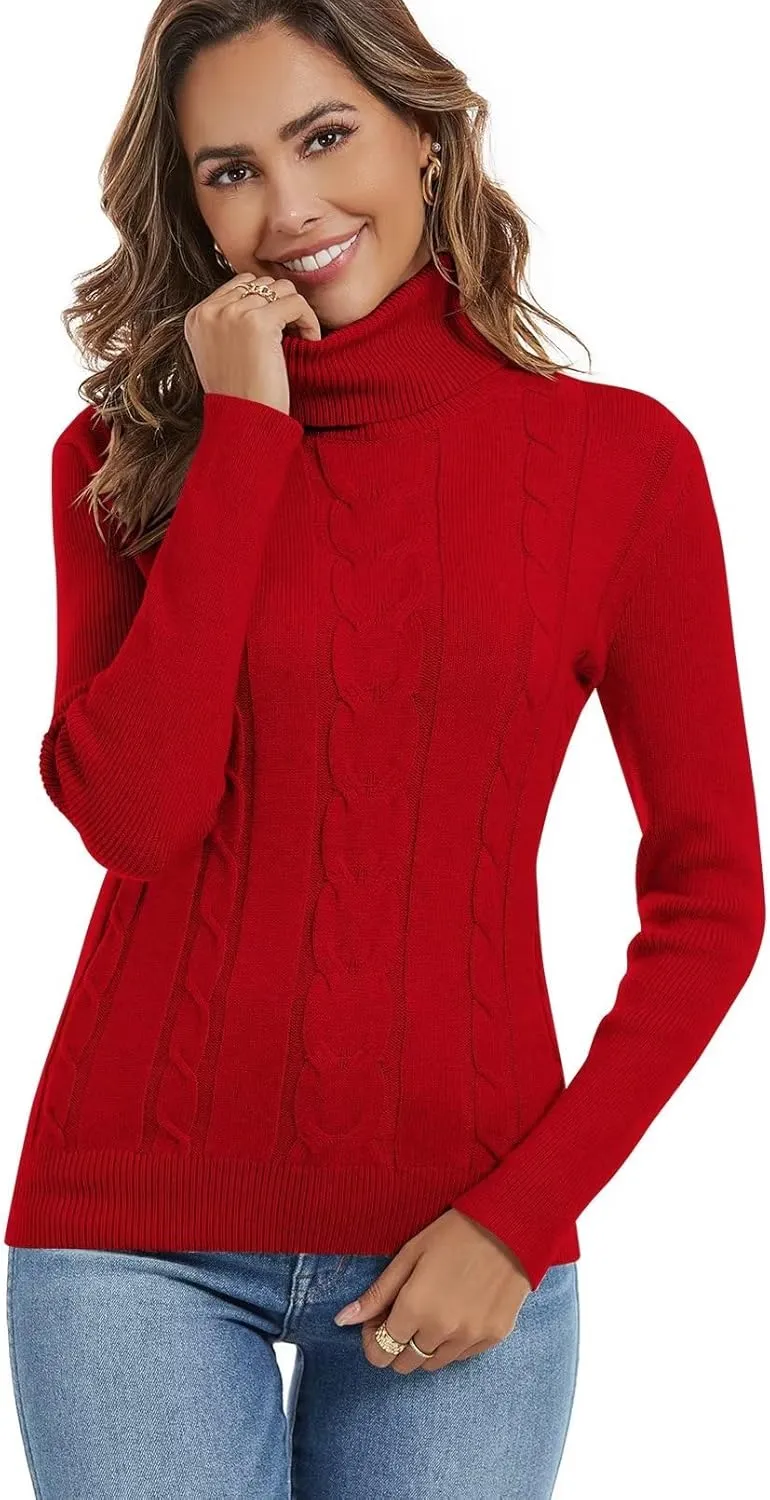 Wkior Women's Long Sleeve Turtleneck Cozy Knit Sweater Casual Loose Fashion Pullover Jumper Tops