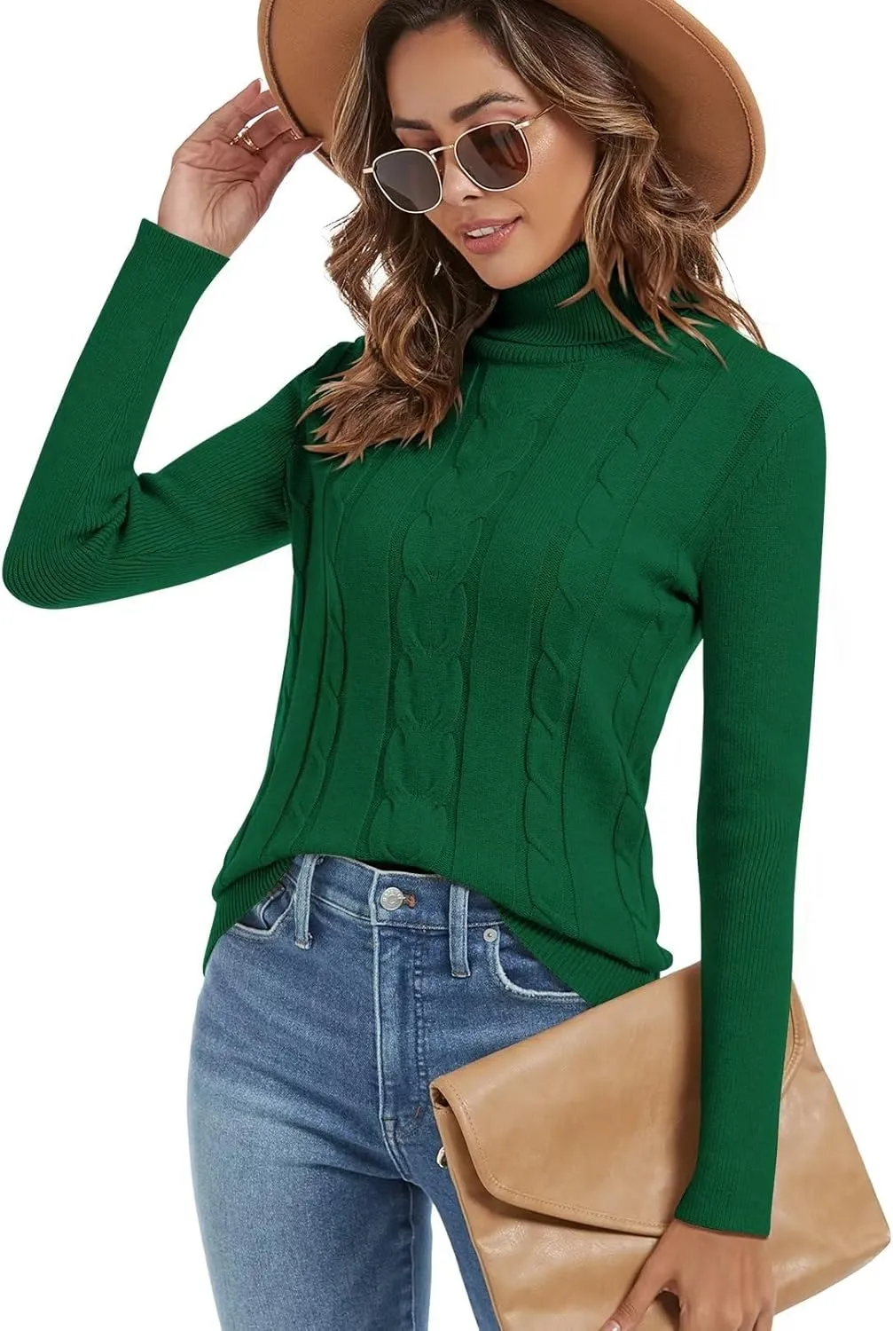 Wkior Women's Long Sleeve Turtleneck Cozy Knit Sweater Casual Loose Fashion Pullover Jumper Tops