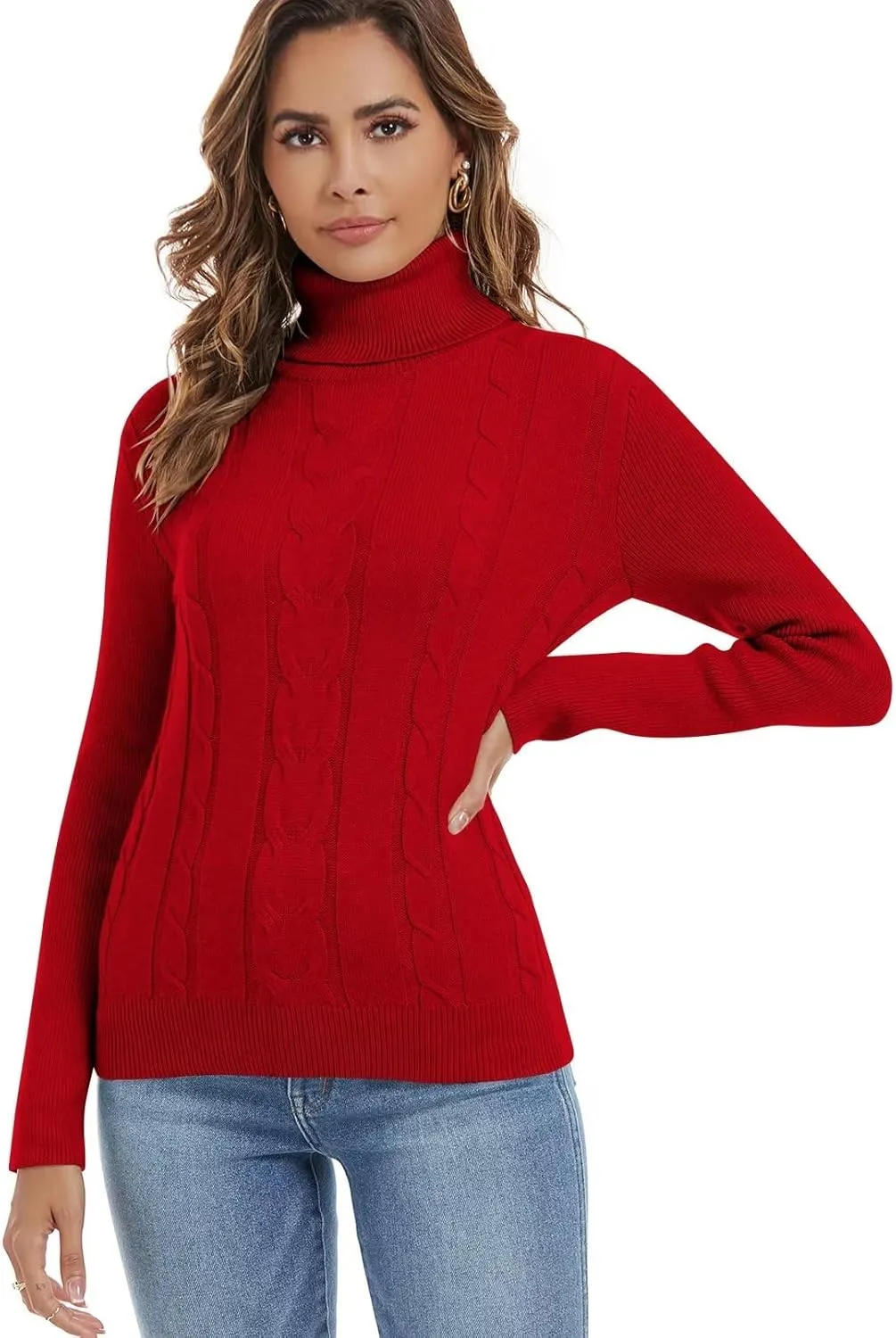 Wkior Women's Long Sleeve Turtleneck Cozy Knit Sweater Casual Loose Fashion Pullover Jumper Tops