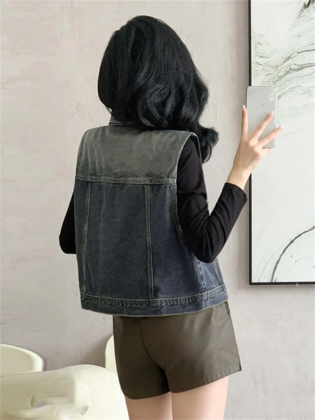 Women Autumn Winter Vintage Sleeveless Turn-Down Collar Denim Jackets Waistcoat Loose Vest Tops