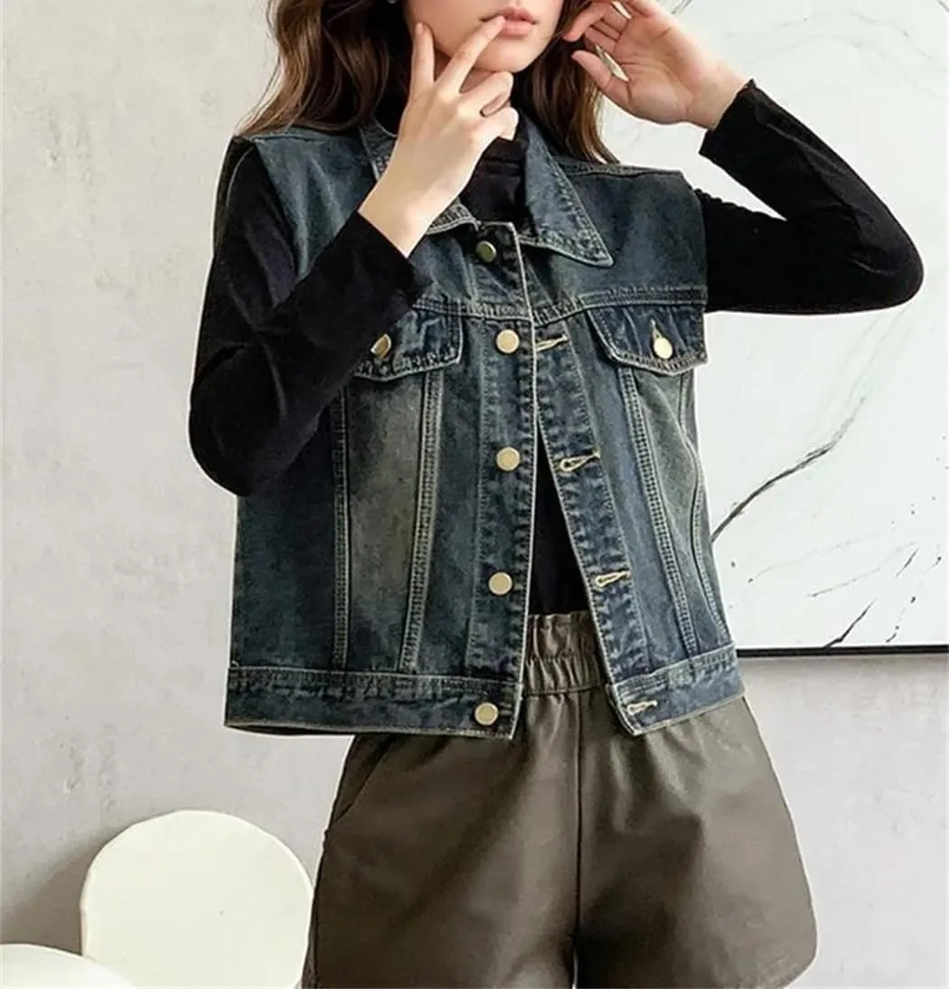 Women Autumn Winter Vintage Sleeveless Turn-Down Collar Denim Jackets Waistcoat Loose Vest Tops