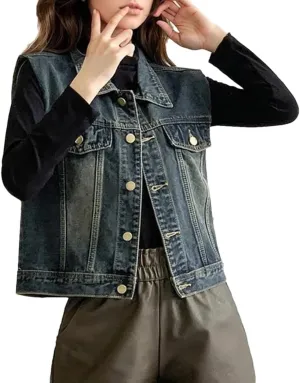 Women Autumn Winter Vintage Sleeveless Turn-Down Collar Denim Jackets Waistcoat Loose Vest Tops