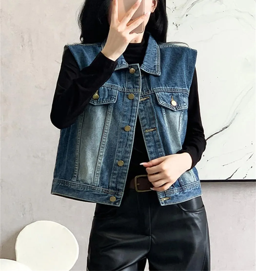 Women Autumn Winter Vintage Sleeveless Turn-Down Collar Denim Jackets Waistcoat Loose Vest Tops