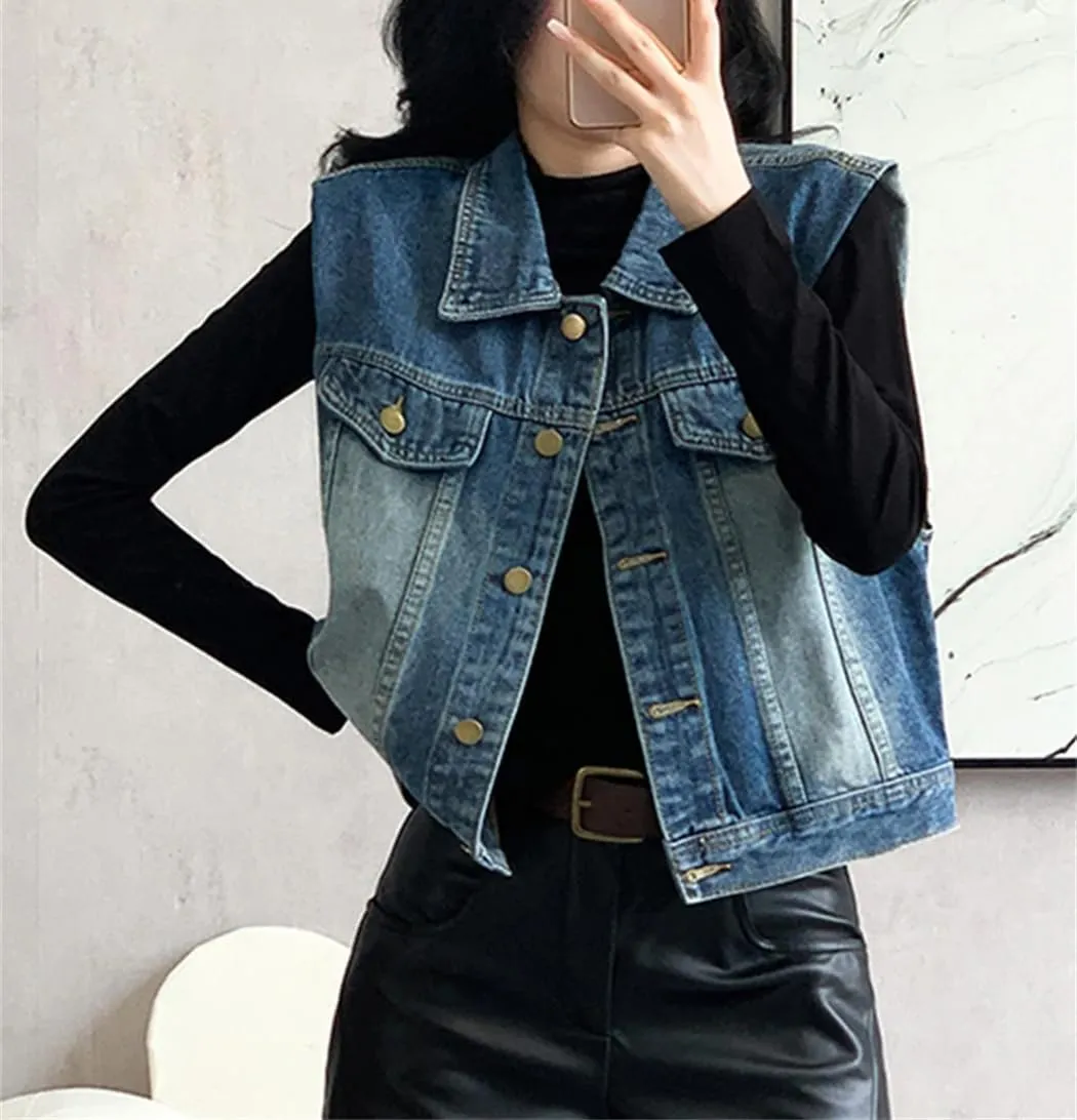 Women Autumn Winter Vintage Sleeveless Turn-Down Collar Denim Jackets Waistcoat Loose Vest Tops