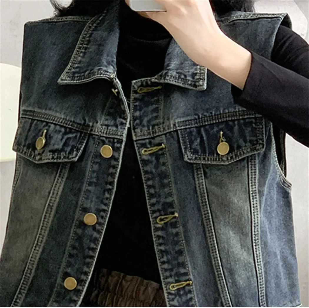 Women Autumn Winter Vintage Sleeveless Turn-Down Collar Denim Jackets Waistcoat Loose Vest Tops