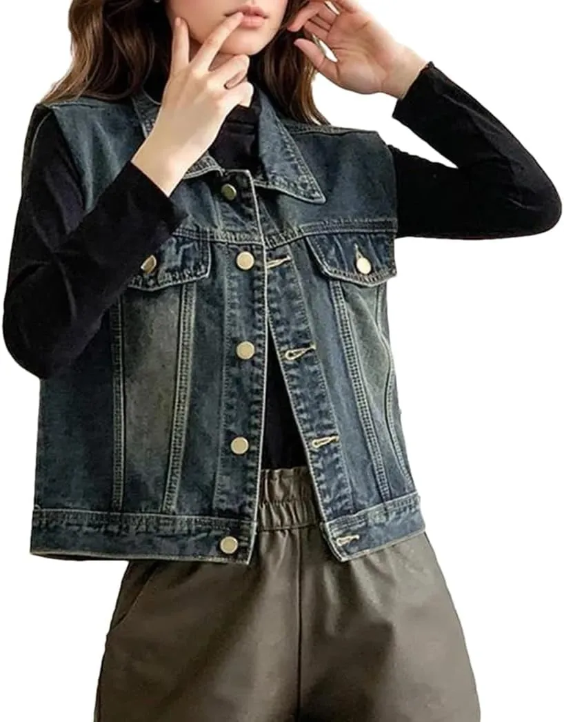 Women Autumn Winter Vintage Sleeveless Turn-Down Collar Denim Jackets Waistcoat Loose Vest Tops