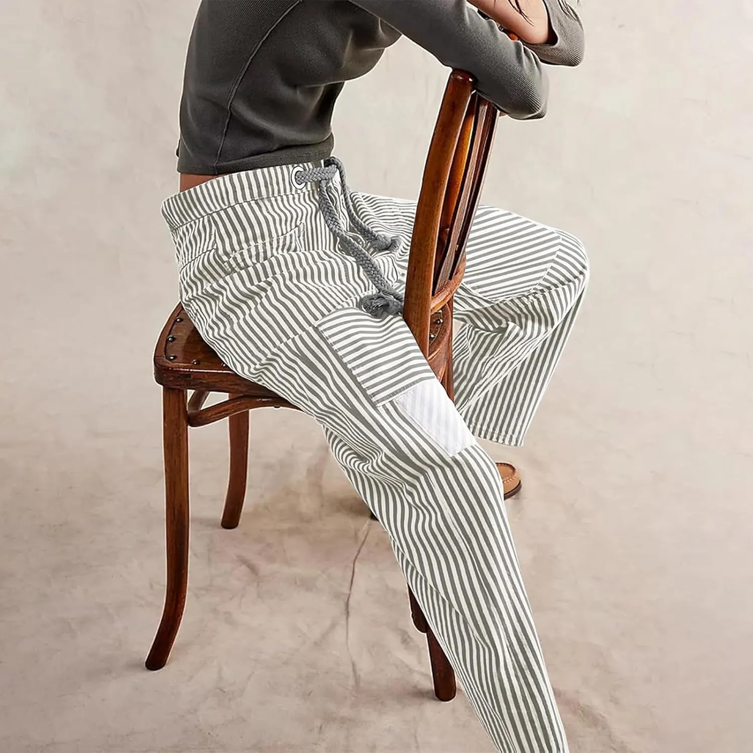 Women Baggy Striped Palazzo Pants Drawstring Patchwork Wide Leg Trousers Loose Elastic Waist Longs with Pockets