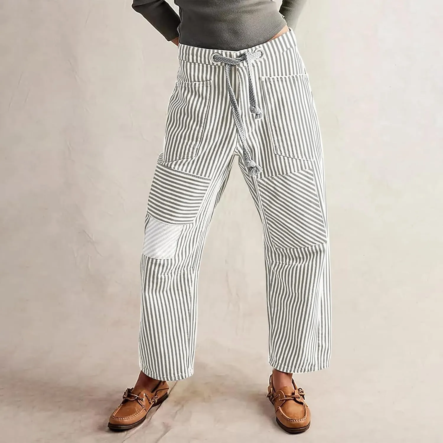 Women Baggy Striped Palazzo Pants Drawstring Patchwork Wide Leg Trousers Loose Elastic Waist Longs with Pockets