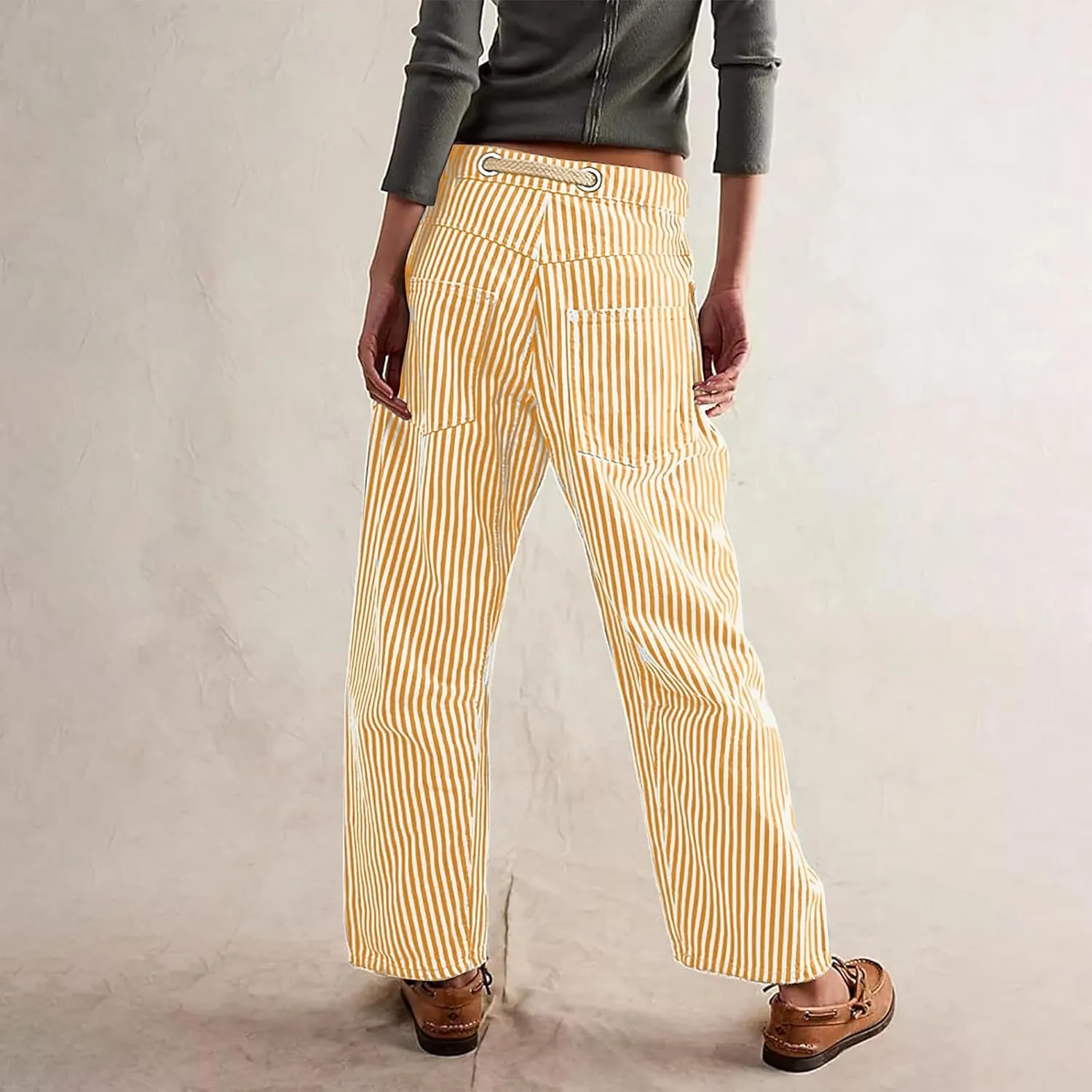 Women Baggy Striped Palazzo Pants Drawstring Patchwork Wide Leg Trousers Loose Elastic Waist Longs with Pockets