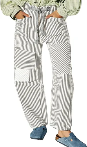 Women Baggy Striped Palazzo Pants Drawstring Patchwork Wide Leg Trousers Loose Elastic Waist Longs with Pockets