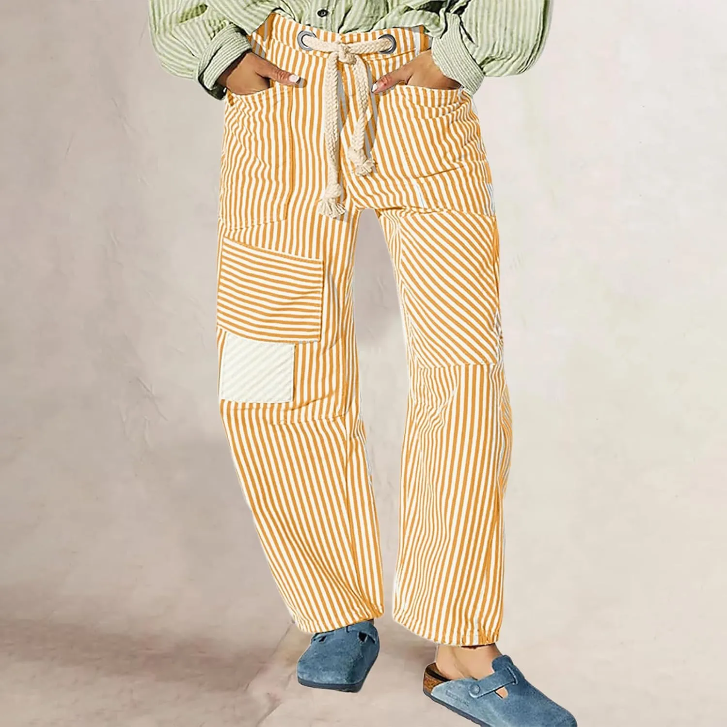 Women Baggy Striped Palazzo Pants Drawstring Patchwork Wide Leg Trousers Loose Elastic Waist Longs with Pockets