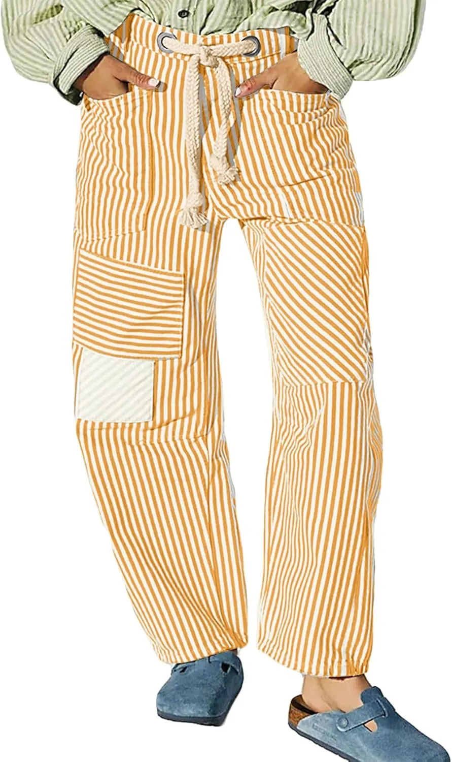 Women Baggy Striped Palazzo Pants Drawstring Patchwork Wide Leg Trousers Loose Elastic Waist Longs with Pockets
