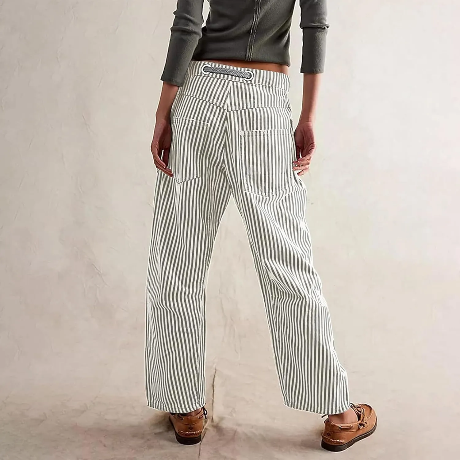 Women Baggy Striped Palazzo Pants Drawstring Patchwork Wide Leg Trousers Loose Elastic Waist Longs with Pockets