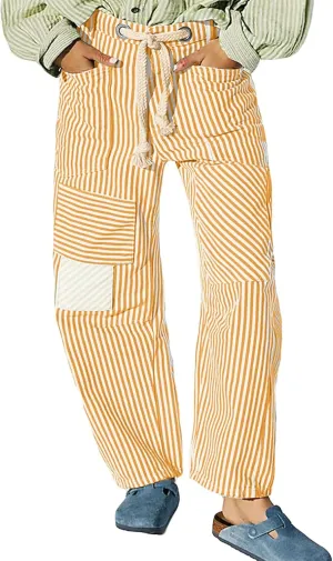 Women Baggy Striped Palazzo Pants Drawstring Patchwork Wide Leg Trousers Loose Elastic Waist Longs with Pockets