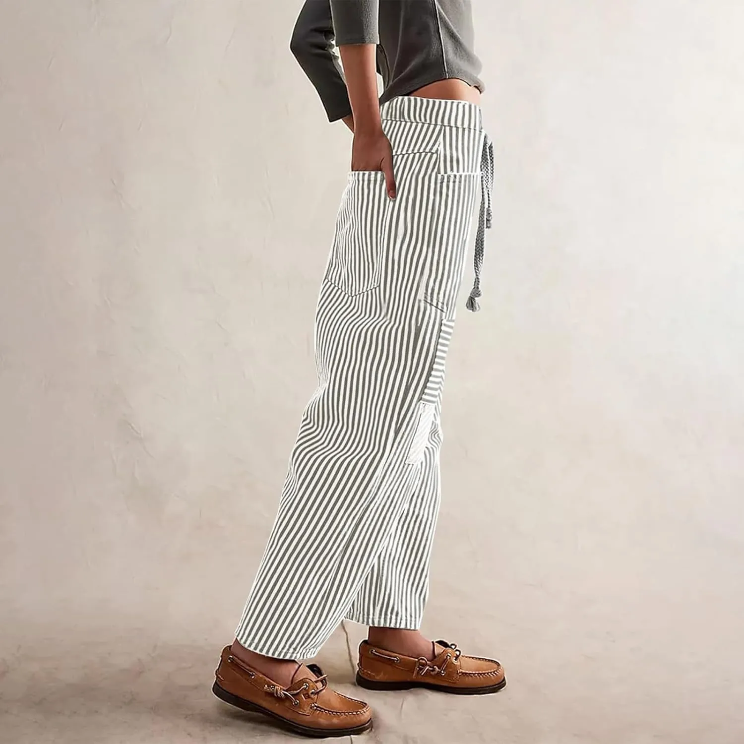 Women Baggy Striped Palazzo Pants Drawstring Patchwork Wide Leg Trousers Loose Elastic Waist Longs with Pockets